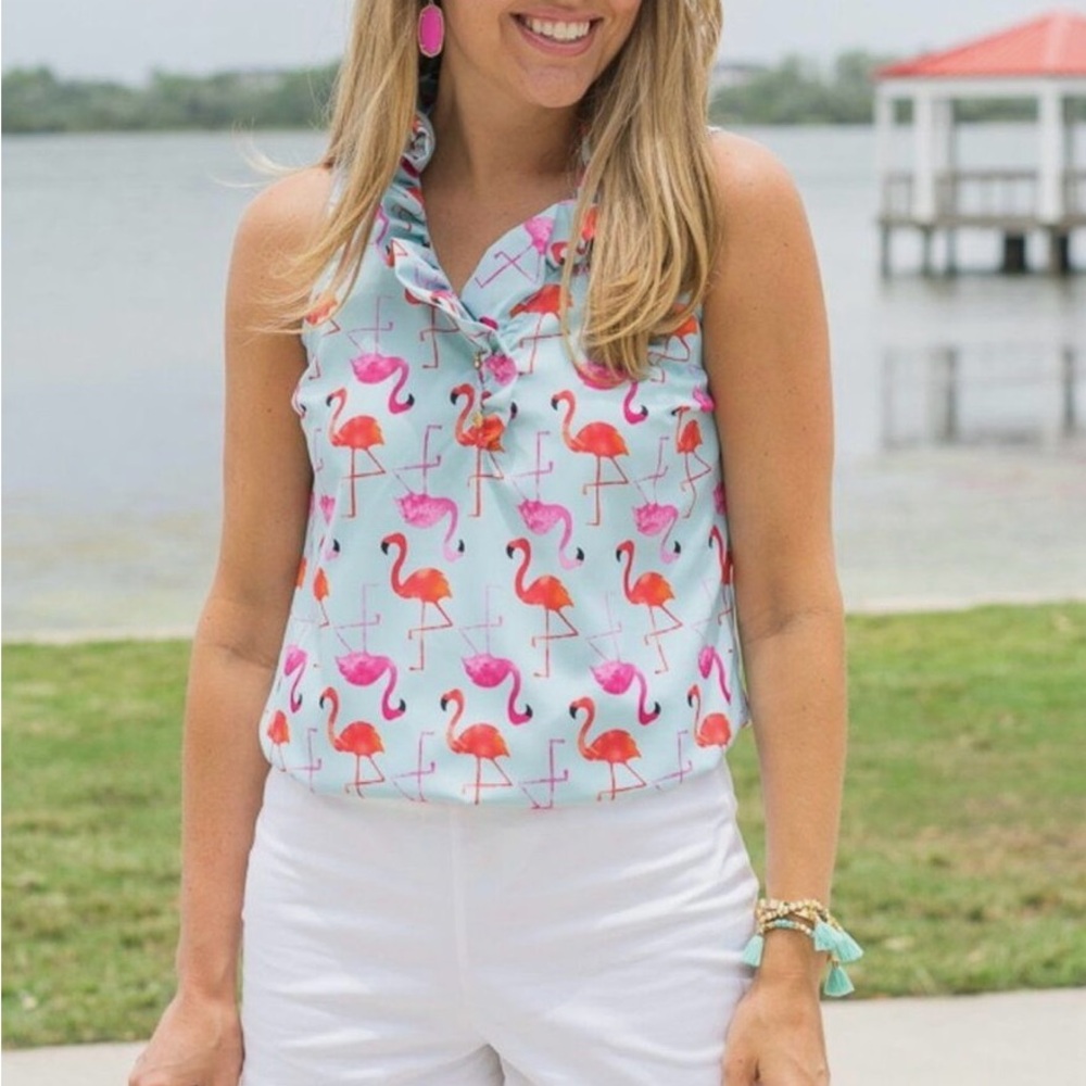 Mud Pie "Whitney" Sleek Sleeveless Flamingo Print Tunic Top Turquoise